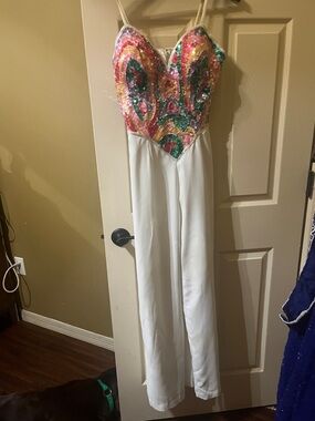 White Jumpsuit with Multicolor Sequin Bodice